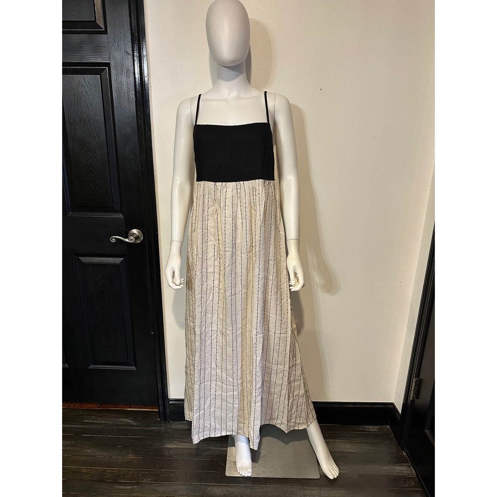 La Lavon Women Black Cream Linen Blend Striped Maxi Dress Size L Smocked Back